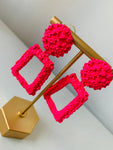 Neon Pink Textured Metal Door Knocker Pierced Statement Earrings