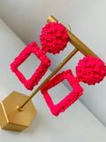 Neon Pink Textured Metal Door Knocker Pierced Statement Earrings