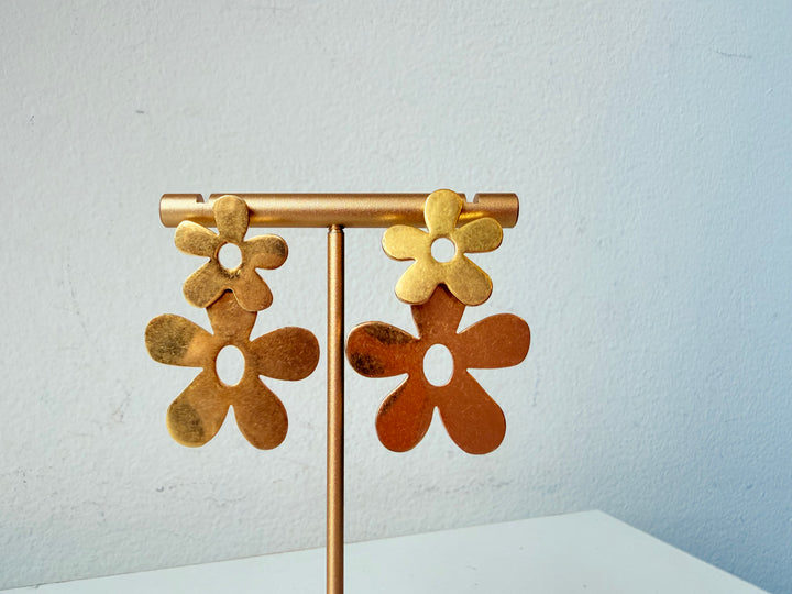 Gold Tone Double Flower Drop Pierced Earrings