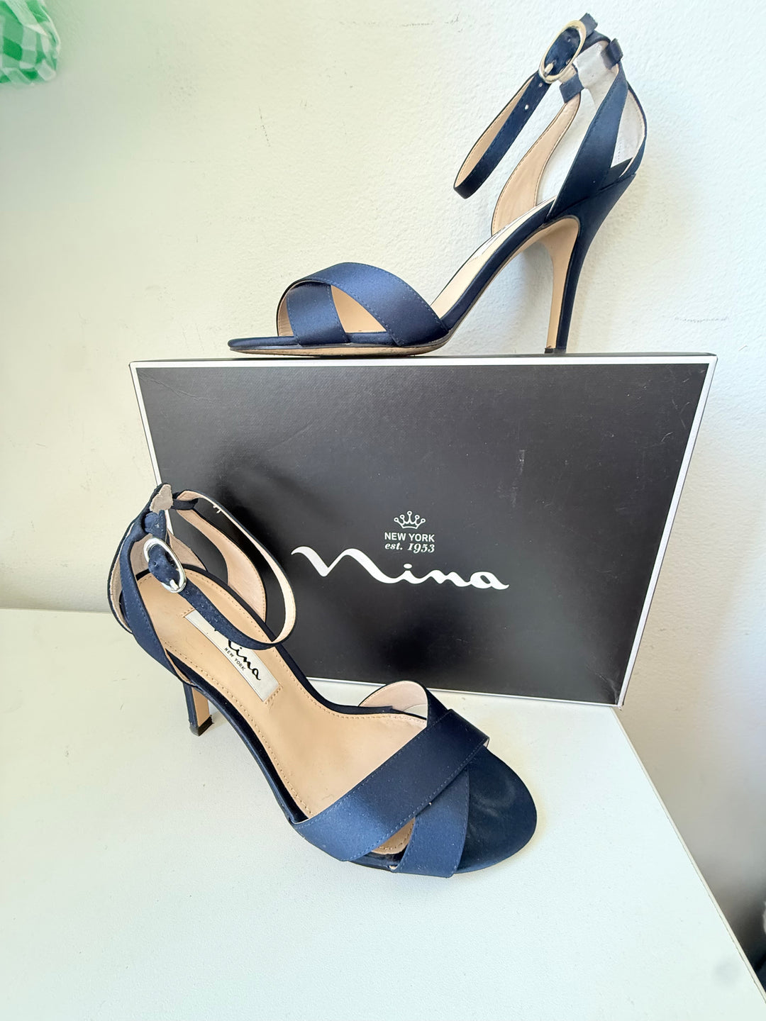 Nina Venus New Navy Satin Luster High Heel Ankle Strap Sandals Size 7M Women’s