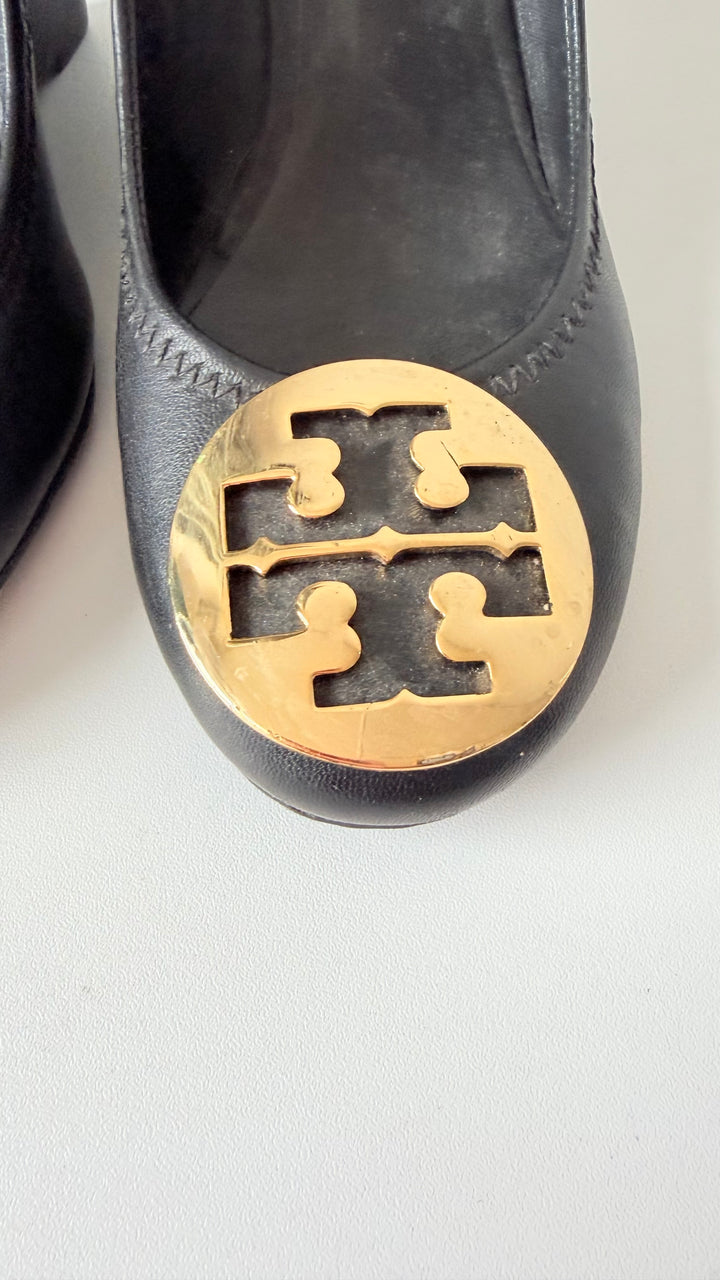 Tory Burch Sophie Black Leather Wedge Pumps Size 8.5