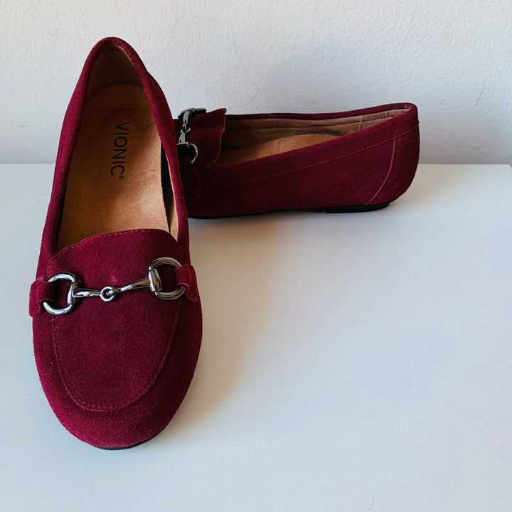 Vionic Bibiana Burgundy Suede Leather Loafers With Horsebit Buckle Size 6