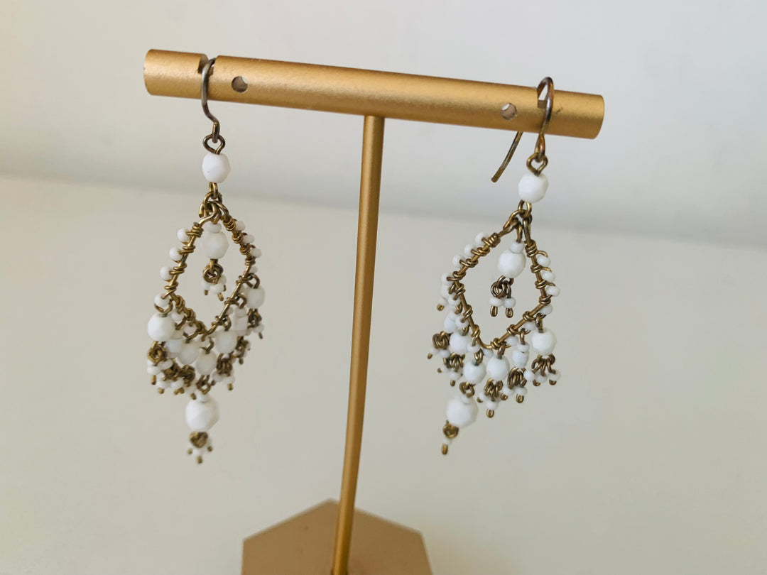 Dangling White Beaded Pierced Chandalier Earrings
