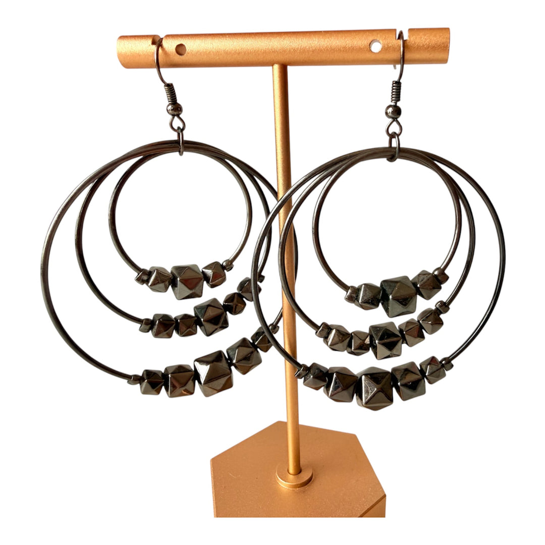 Hermatite Nickel Triple Hoop Faceted Bead Pierced Earrings