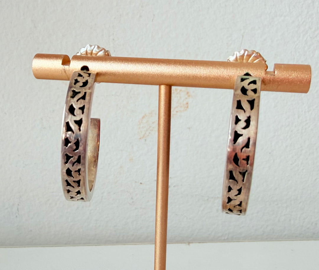 Lois Hill Vintage Sterling 925 Cut Out Oxidized Scrollwork Hoop Earrings