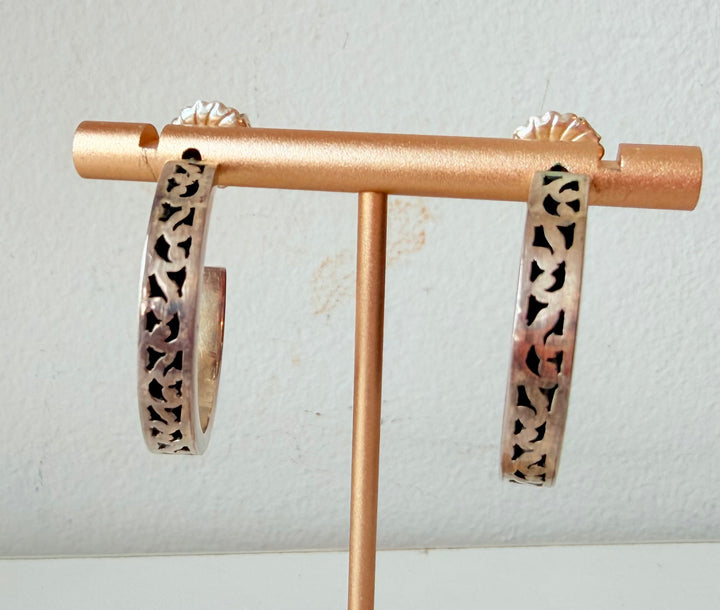 Lois Hill Vintage Sterling 925 Cut Out Oxidized Scrollwork Hoop Earrings