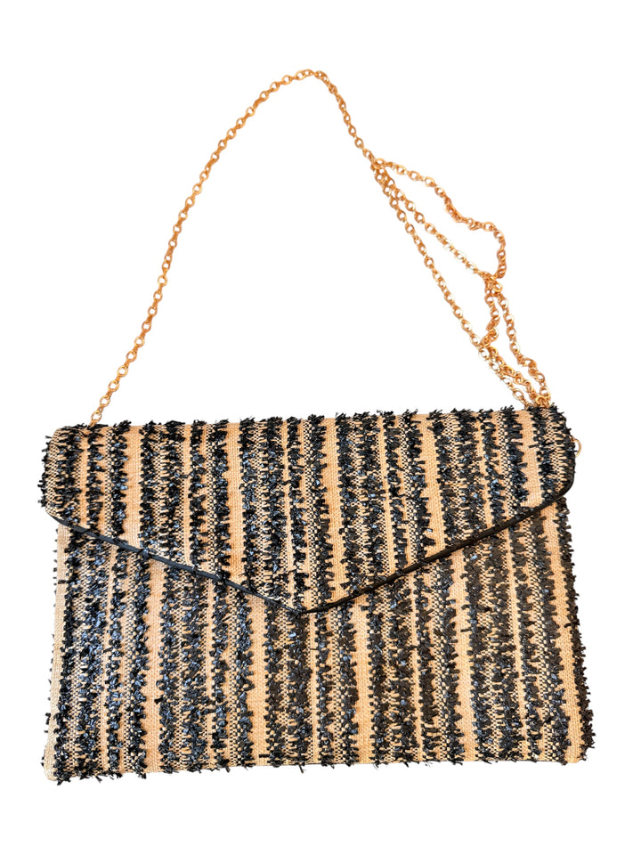 Black and Beige Raffia Vegan Clutch/Crossbody With Gold Chain