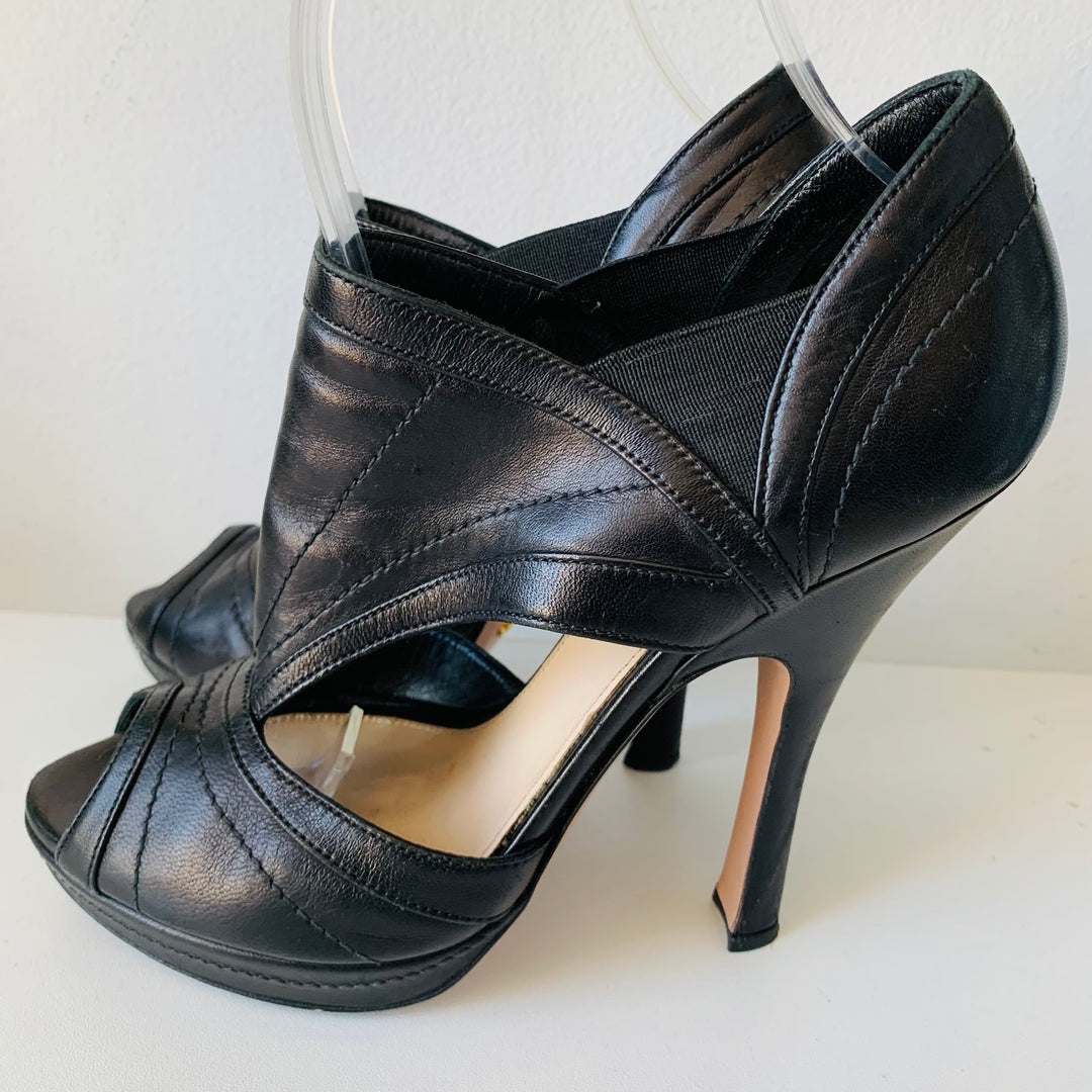 Prada Black Leather Peep Toe Platform Cut Out Heels Size 37.5 Authentic