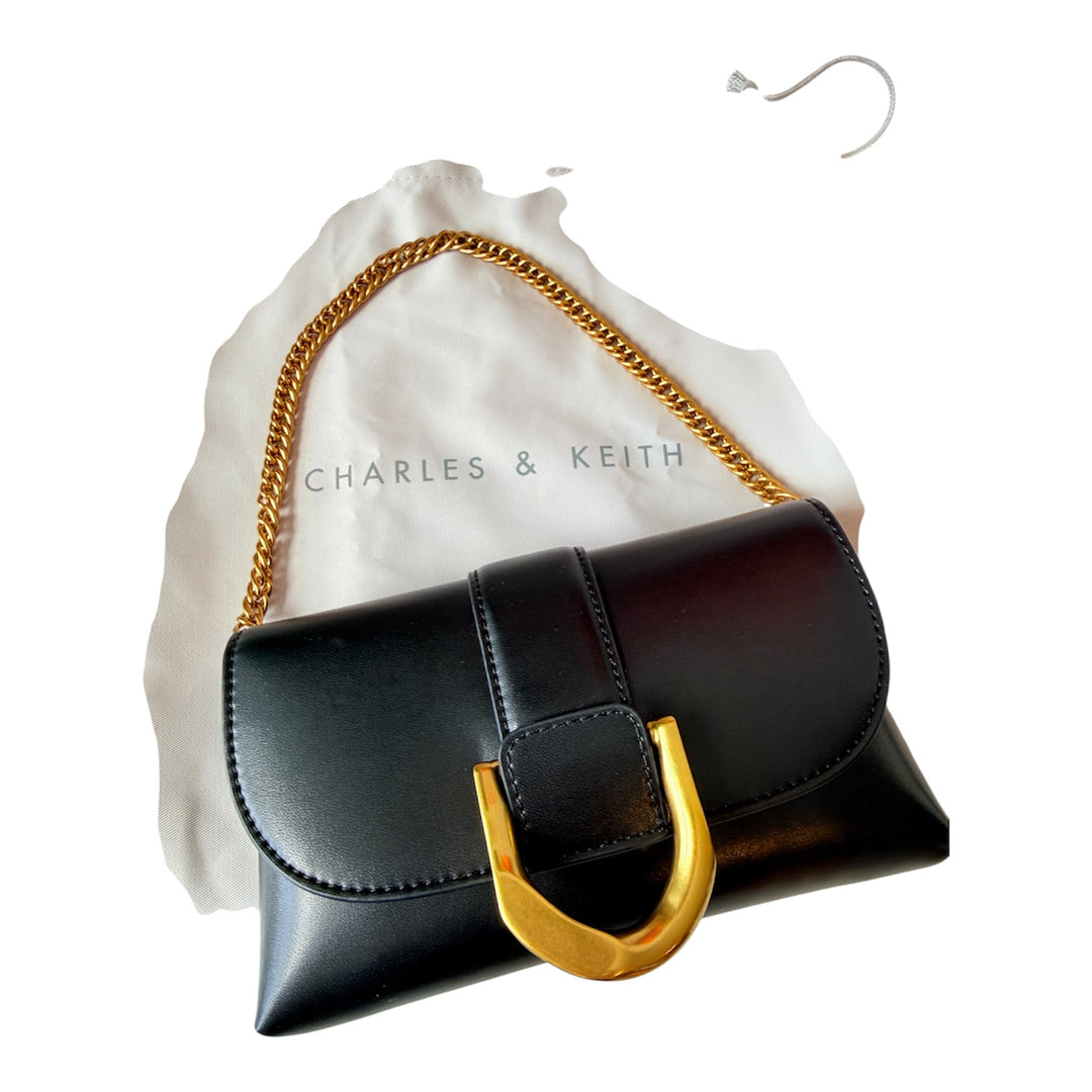 Charles & Keith Gabine Vegan Gold Buckle Black Handbag/Beltbag