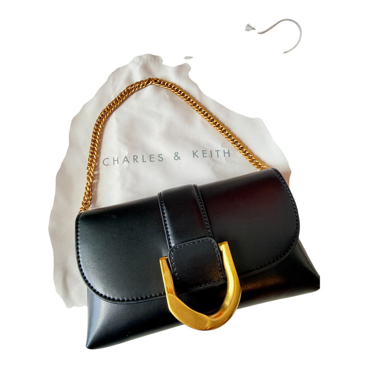 Charles & Keith Gabine Vegan Gold Buckle Black Handbag/Beltbag