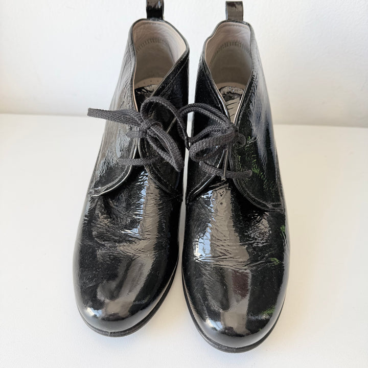 Ecco Black Patent Lace Up Heeled Boots Size 10
