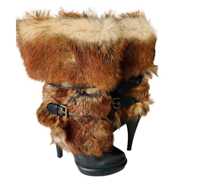 UGG Foxly Fur Leather Shearling Heeled Boots Size 6.5 In Brown Fur With Black Leather