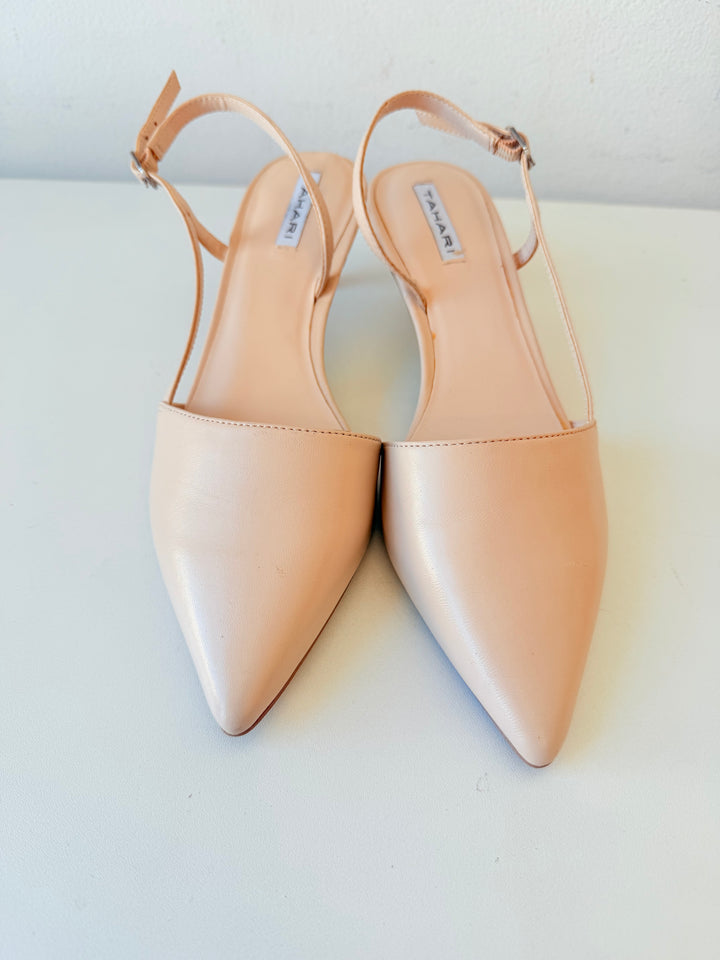 Tahari Cream Leather Pointed Toe Slingback Kitten Heel Pumps Size 7