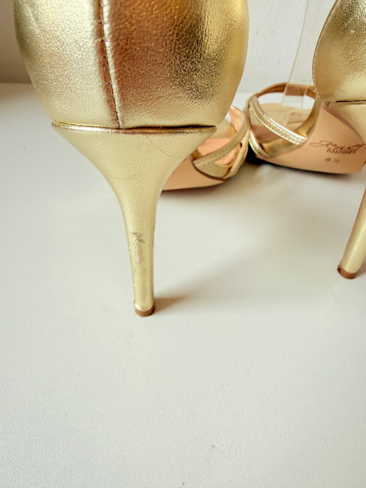 Jewel By Badgley Mischka Haskell II Gold Metallic Ankle Strap Heeled Sandals Size 6.5
