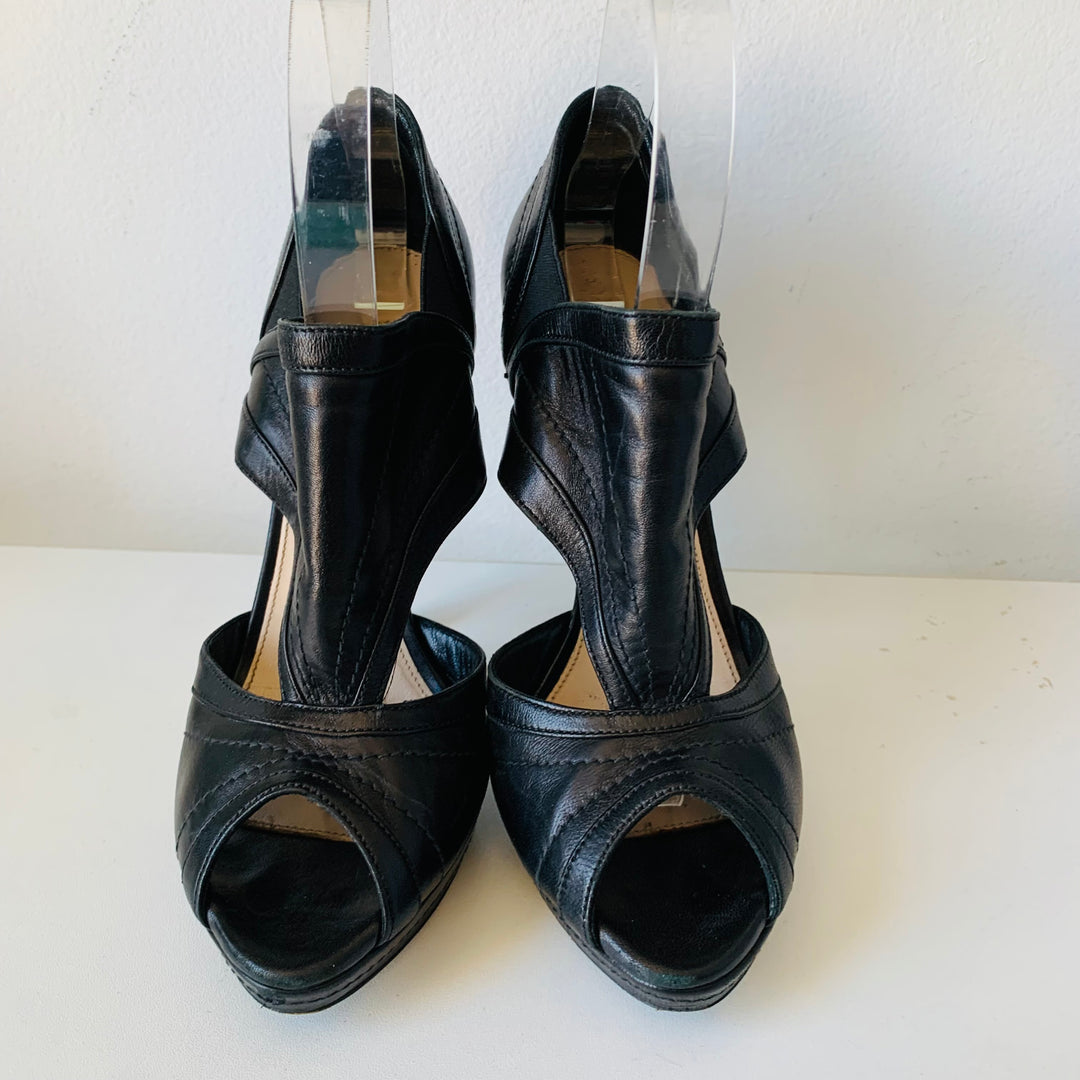 Prada Black Leather Peep Toe Platform Cut Out Heels Size 37.5 Authentic