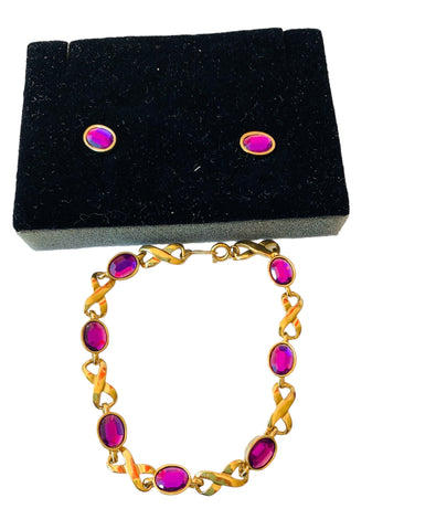 Vintage Avon Bracelet and Pierced Earring set in Purple and Gold Tone