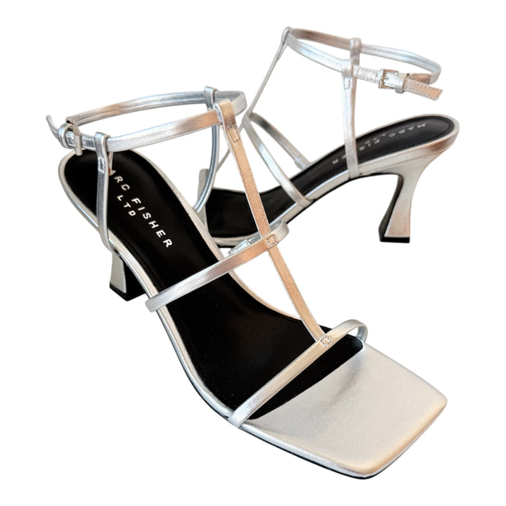 Marc Fisher Dennie Strappy Leather Dress Sandal In Metallic Silver Size 10 NIB