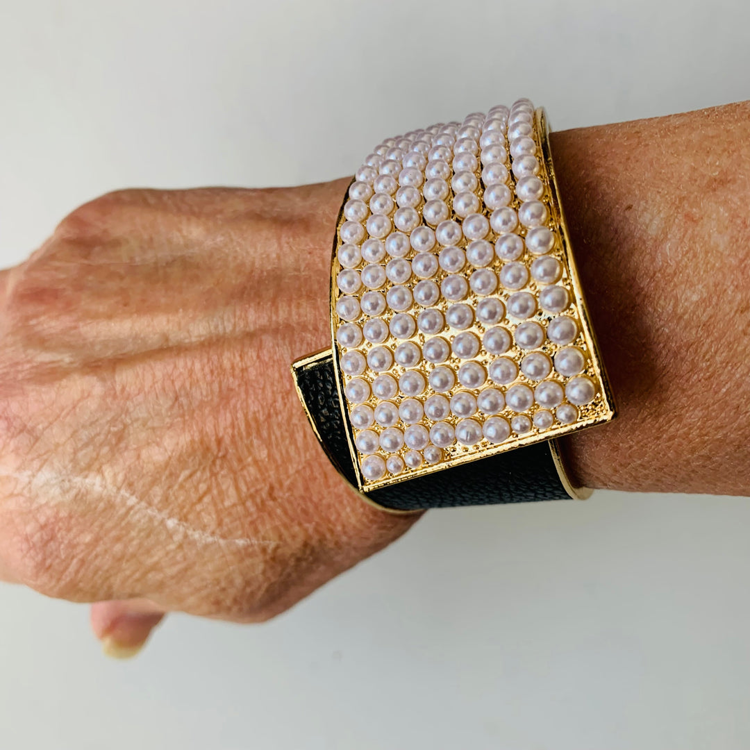 Pearl & Leather Cuff Hinged Bracelet