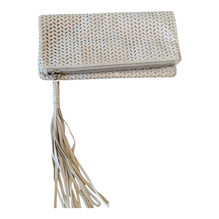 B-Low The Belt Silver Mettalic Leather Perforated Fold Over Clutch