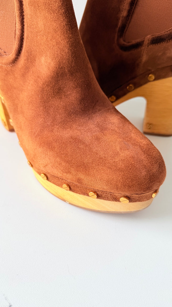 Veronica Beard Decker Platform High Heel Clog Booties In Brown Suede Size 10