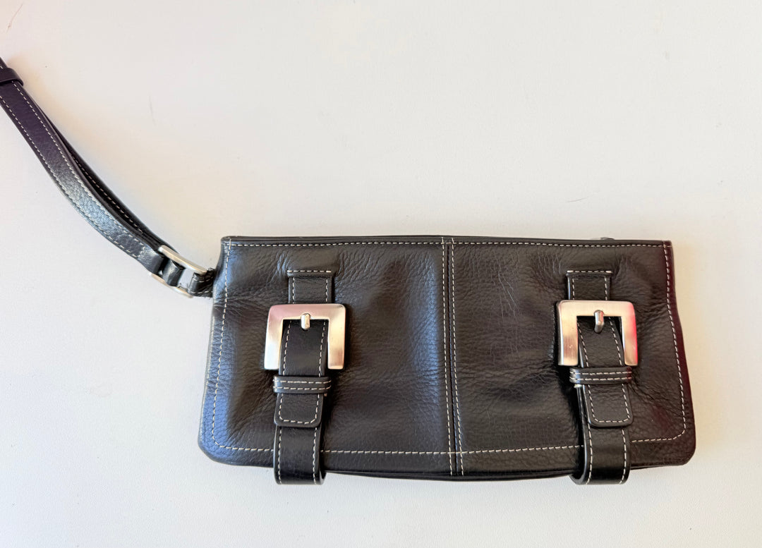 Kenneth Cole Vintage Black Leather Wristlet With Silver buckle Detail