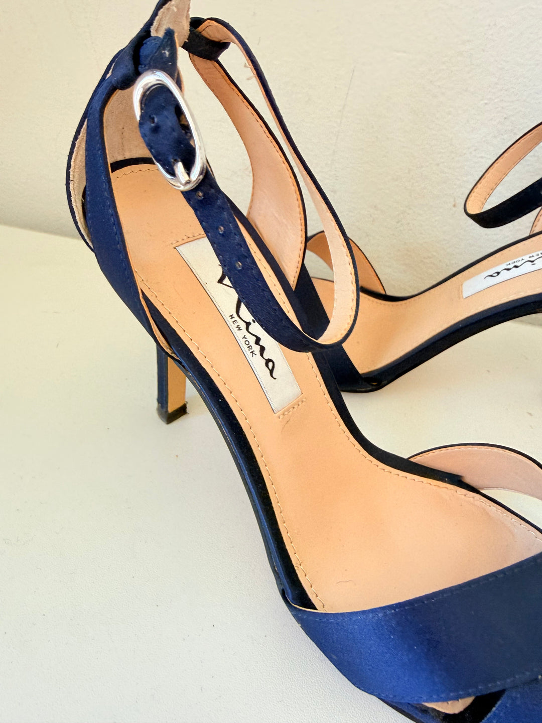 Nina Venus New Navy Satin Luster High Heel Ankle Strap Sandals Size 7M Women’s