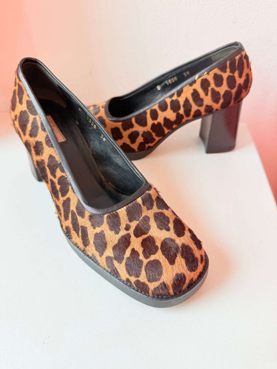 Vintage Calypso Calf Hair Leopard Print Block Heel Pumps Size 38