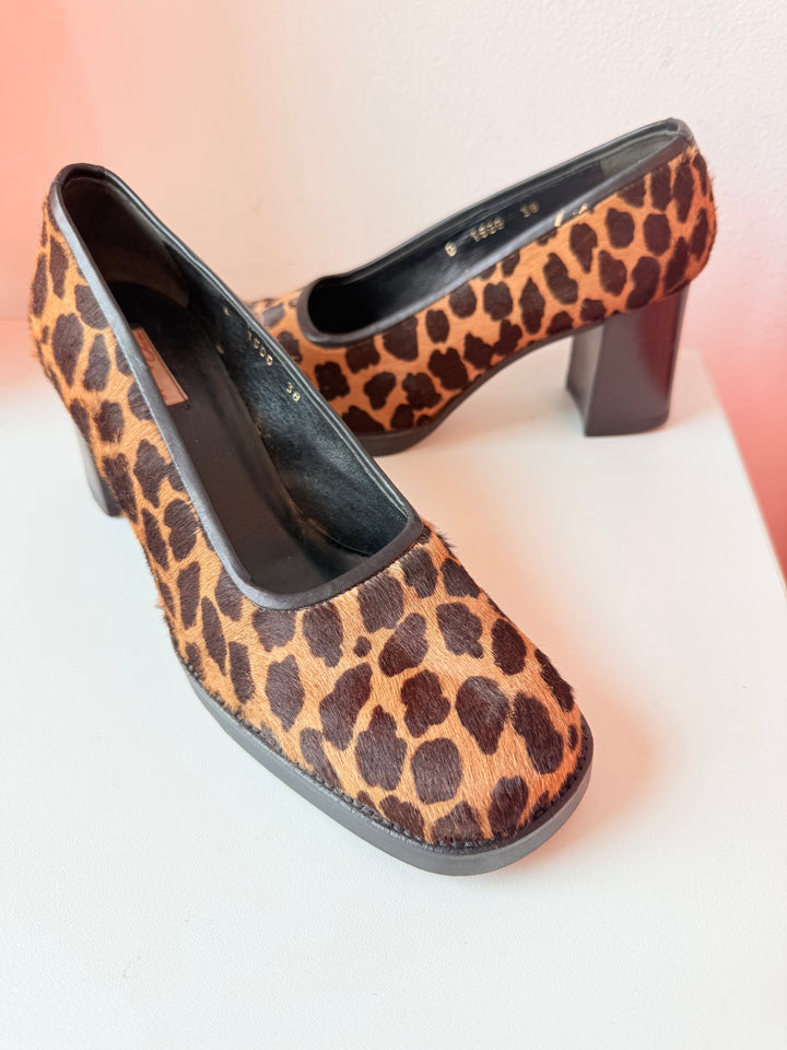 Vintage Calypso Calf Hair Leopard Print Block Heel Pumps Size 38