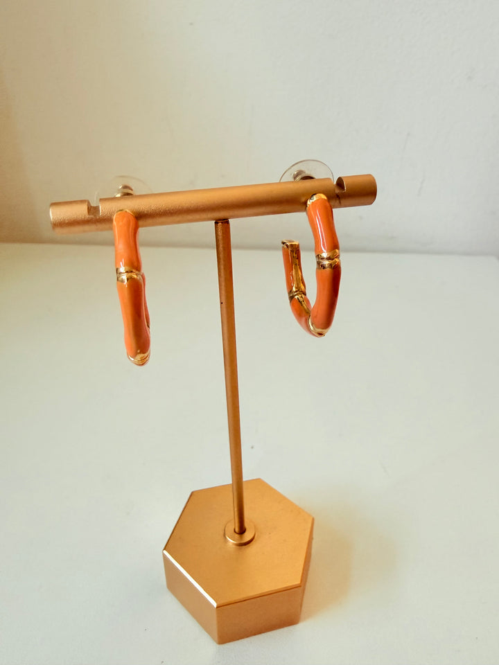 Kenneth Jay Lane Orange Enamel Bamboo Style Hoop Earrings