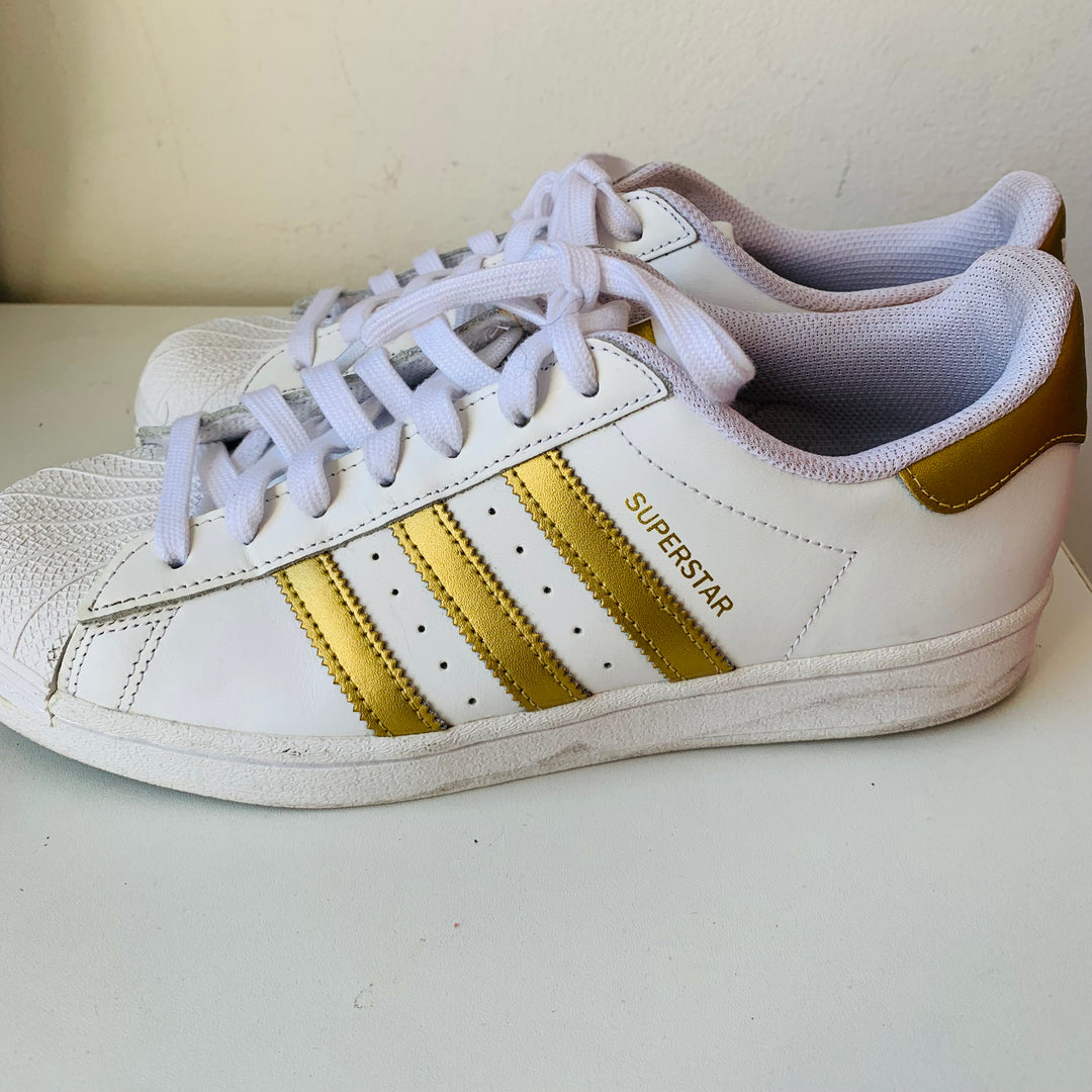 Adidas White and Gold Superstar Sneakers Size 9