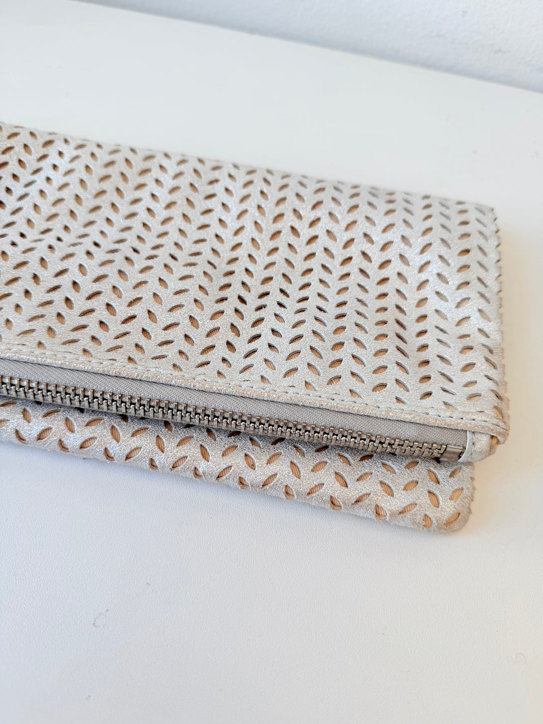 B-Low The Belt Silver Mettalic Leather Perforated Fold Over Clutch