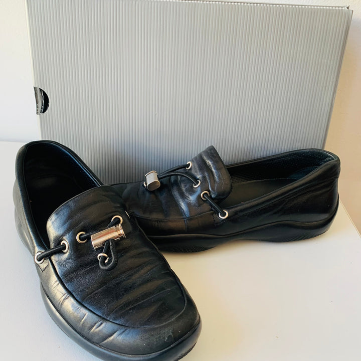 Prada Calazature Donna Black Leather Driving Slip Ons Size 37.5