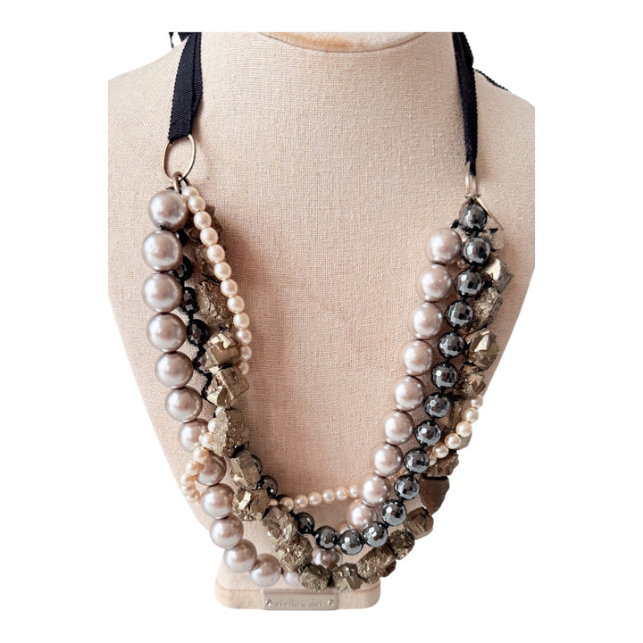 Chan Luu Mixed Media Multistrand Statement Necklace Grey/Black/Pearl