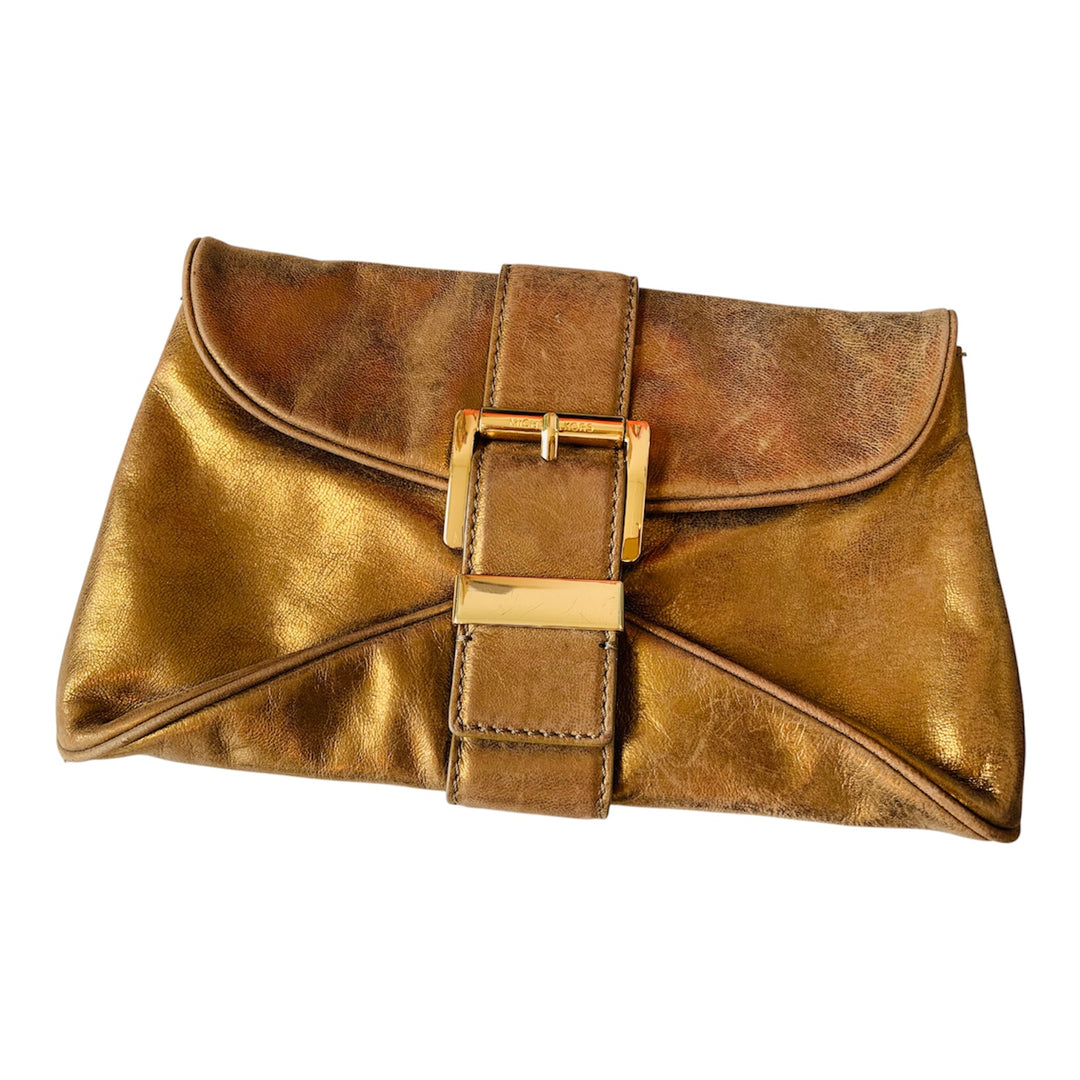 Michael Michael Kors Dark Gold/Bronze Mettalic Heidi Buckle Clutch Handbag