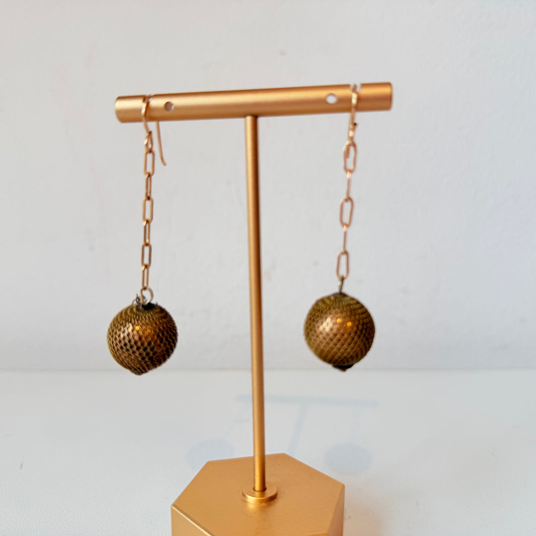 Gold Ball & Chain Mesh Drop Pierced Earrings
