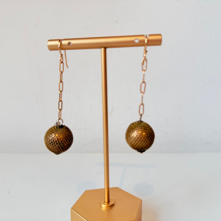 Gold Ball & Chain Mesh Drop Pierced Earrings