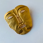 Maxine Denker Matte Gold Tone Tribal Face Mask Pin/Brooch, Unsigned