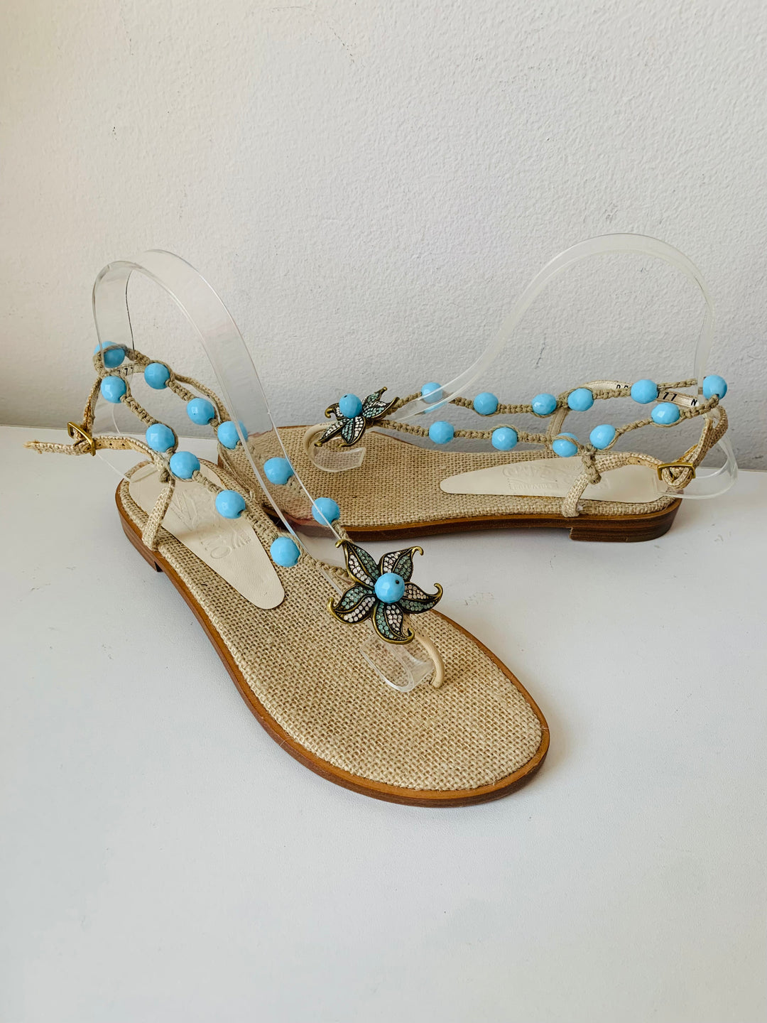 Salvatore Ferragamo Jute/Beige & Leather Beaded Rhinestone Embellished Sandals Size 7