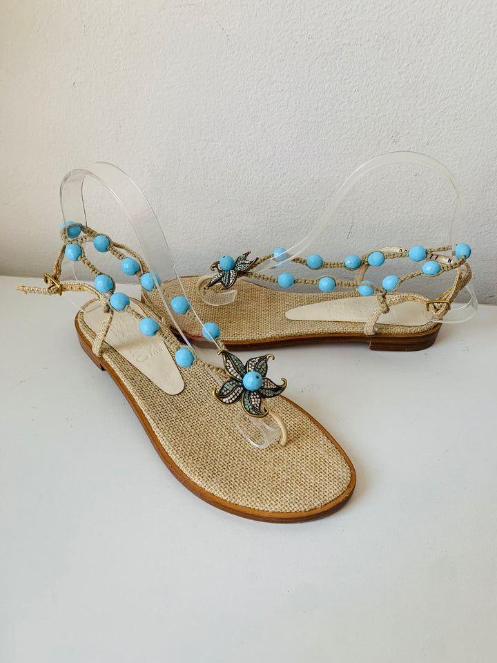 Salvatore Ferragamo Jute/Beige & Leather Beaded Rhinestone Embellished Sandals Size 7