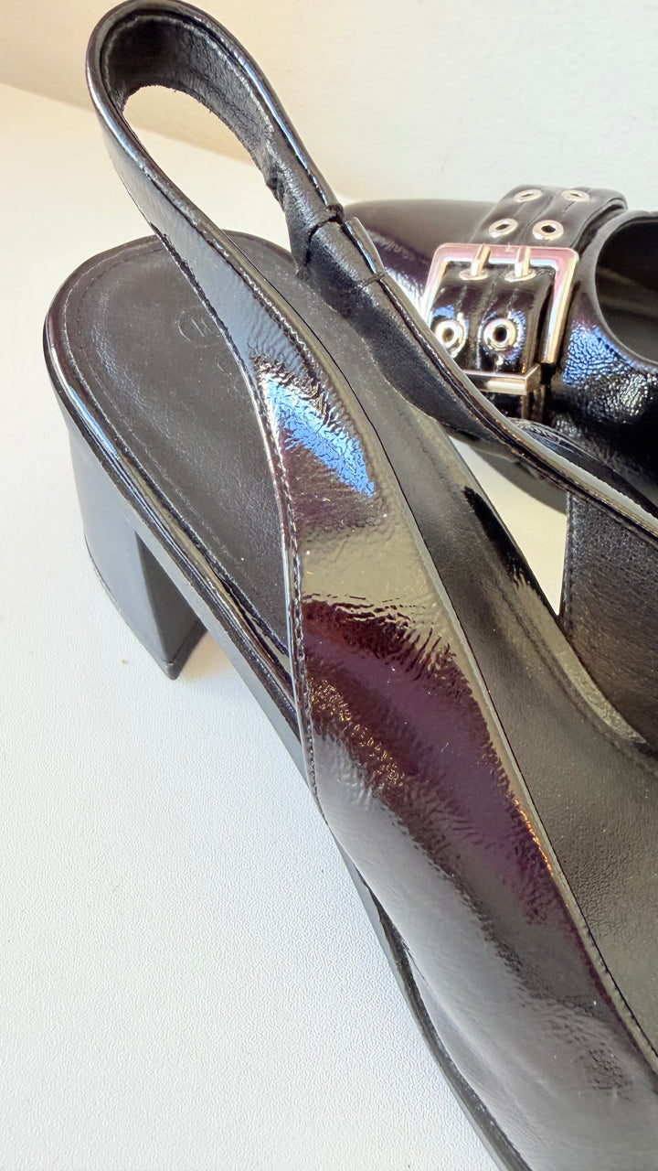 Coutgo Black Patent Sling Back Buckle Detail Block Heel Pumps Size 10