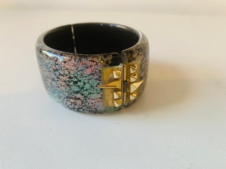 Alexis Bittar Chunky Gold Plated Multicolor Hinged Bangle Bracelet