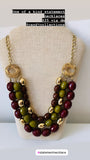 Three Layer Cranberry/Green Beaded Statement Necklace