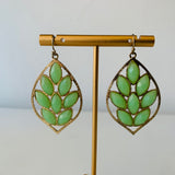 Green Rhinestone in Gold Tone Drop Pierced Earrings