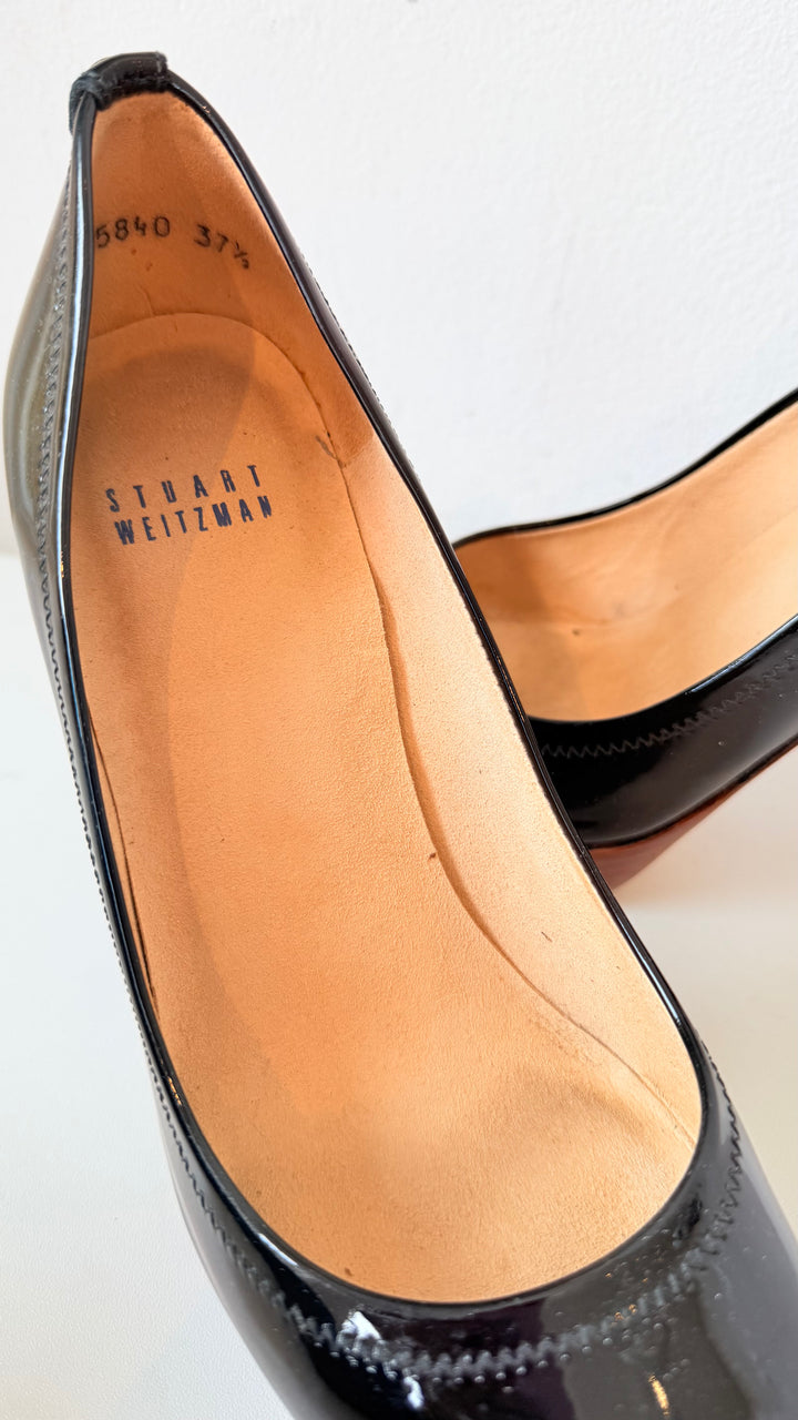 Stuart Weitzman Black Patent Analine Platform Pump Peep Toe Pumps Size 37.5