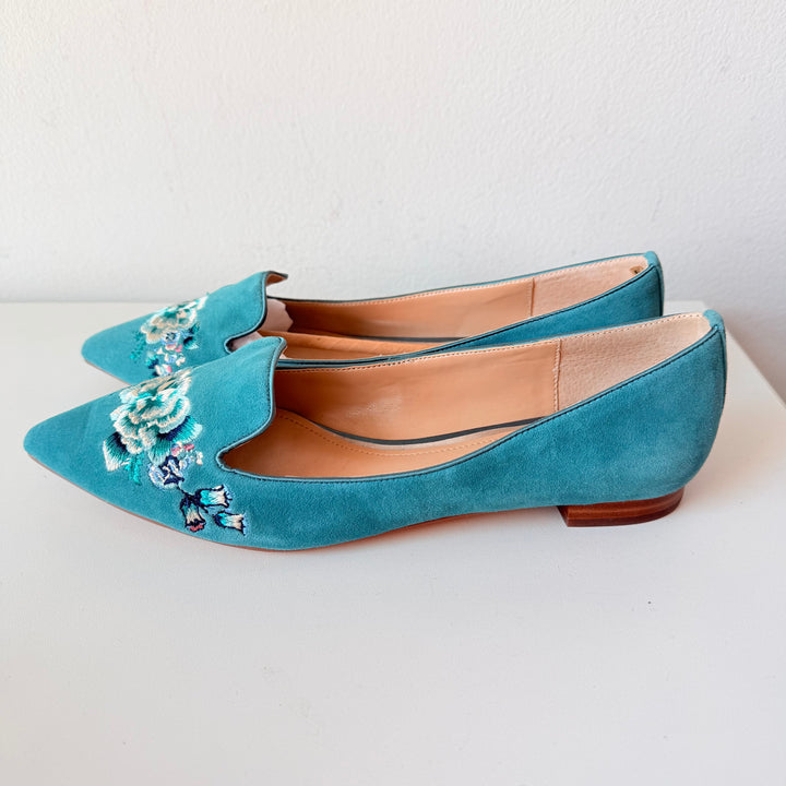 White House Black Market Ava Mineral Green Embroidered Flats Size 8 New In Box