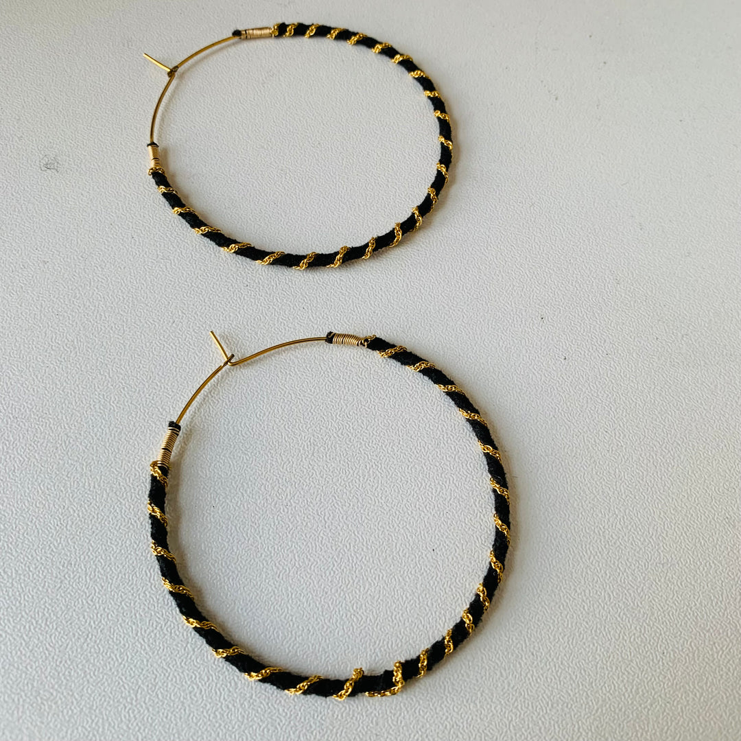 Black & Gold Rope Hoop Pierced Earrings