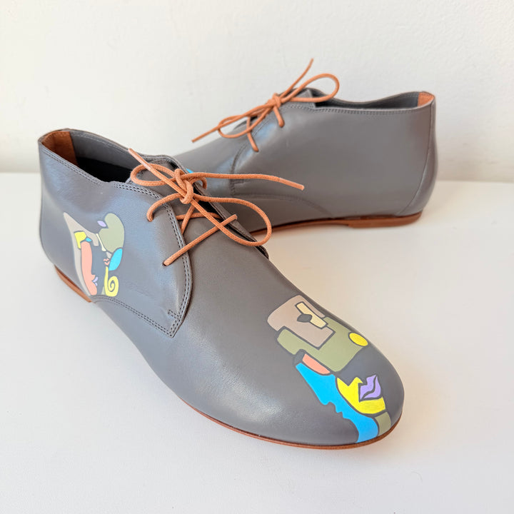 Reggio Calabria Handmade Chukka Grey Painted Lace Up Shoes by Nafaria Moda Size 38, New