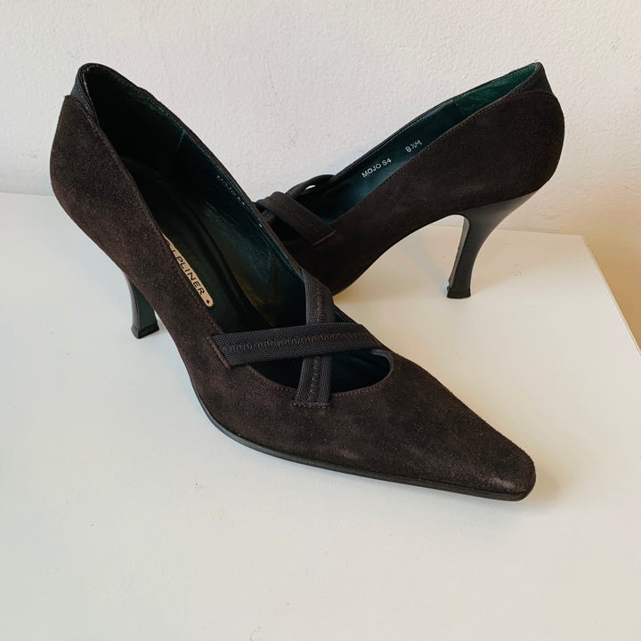 Donald Pliner Mojo Brown Suede Pumps With Elastic Cross Straps Size 8.5