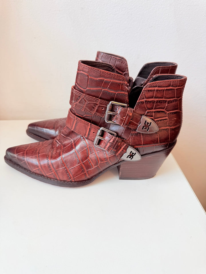 Sam Edelman Windsor Double Buckle Brown Croc Leather Embossed Booties Size 6.5