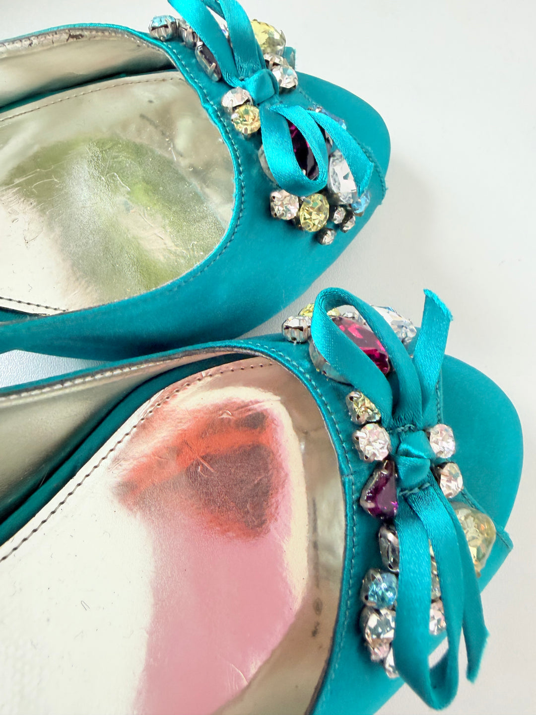 Nina Teal Blue Milika Satin Crystal Embellished Peep Toe Heeled Slingbacks Size 8